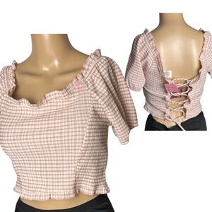 Vintage NWT Pink Gingham Ruffle Trim crop Top  lace up back ,Seersucker